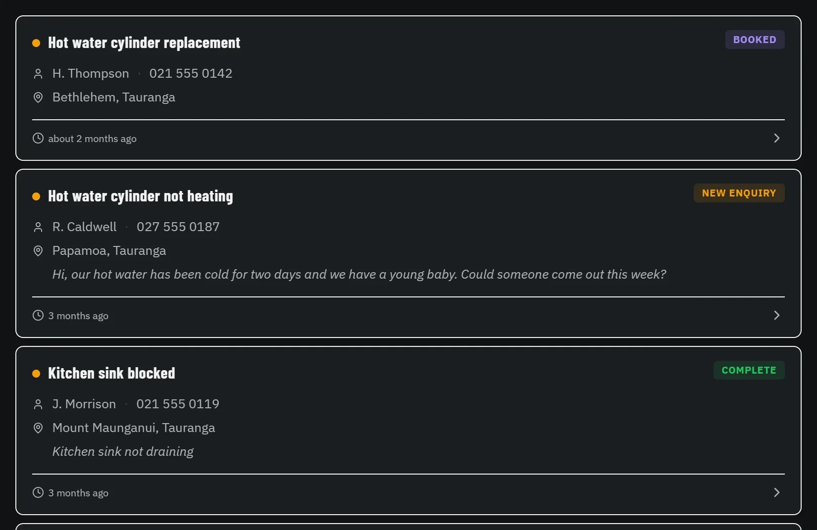Trades platform jobs list: booked, new and completed jobs with customer and suburb